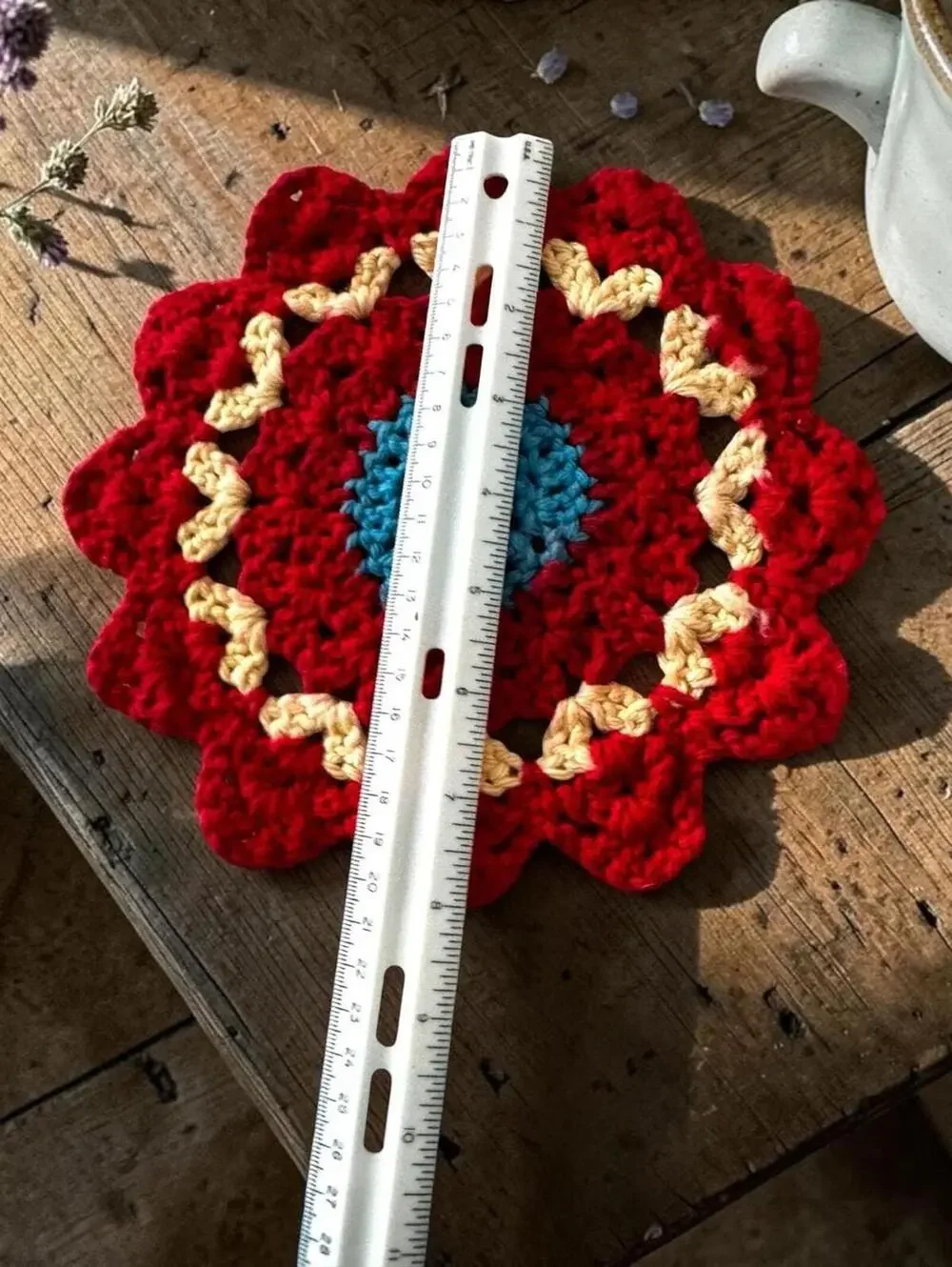 Boho Crochet Doily, Red Cream Turquoise, 10 Inch Table Decor, Retro 1970s Style